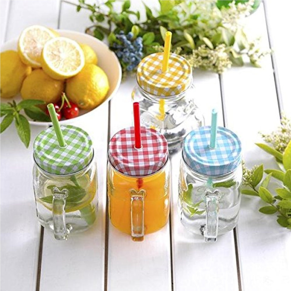 Transparent Glass Mason Jar with Colorful Lid and Reusable Straw, 500ml