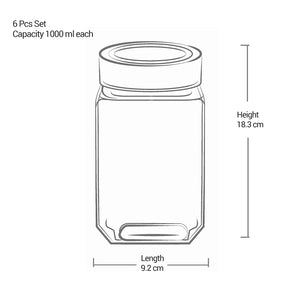 Cube Storage Glass Jar, Set of 6, 1000 ml Each, Transparent| BPA Free