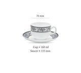 Sovrana Persian Grey, Tea Coffee Cups and Saucer Set of 12 pcs, 160ml