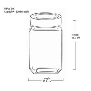 Cube Storage Glass Jar, Set of 6, 1800 ml Each, Transparent| BPA Free