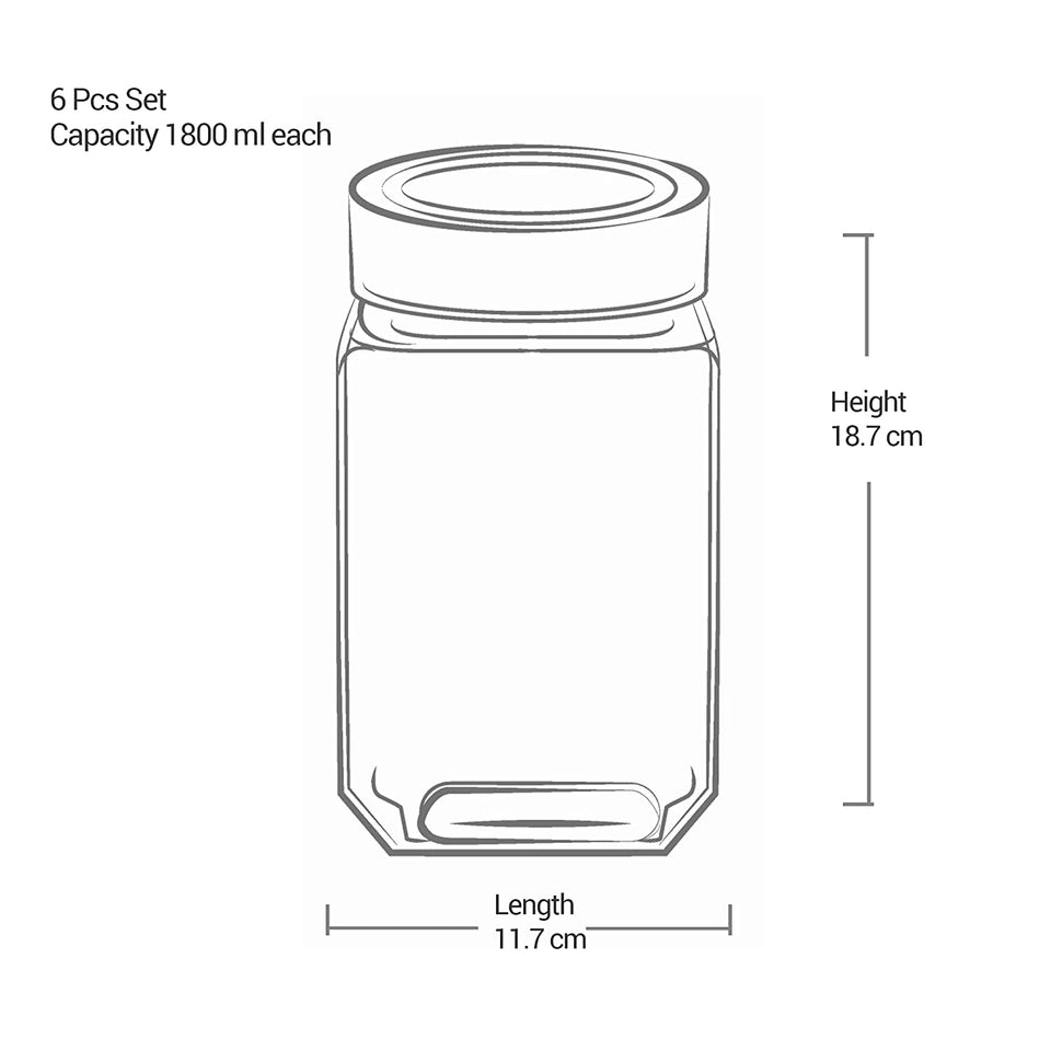 Cube Storage Glass Jar, Set of 6, 1800 ml Each, Transparent| BPA Free