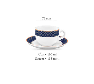 Sovrana Regent Blue, Tea Coffee Cups and Saucer Set of 12 pcs, 160ml