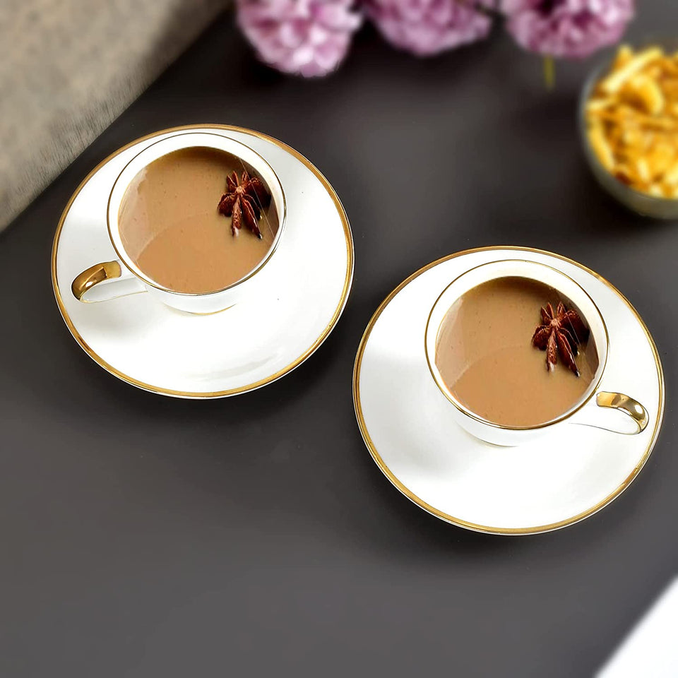 Semi Deluxe Gold Rim Fine Bone China Tea Cup & Saucer Set of 12pcs (6cups & 6 Saucer), 140ml