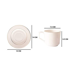 Tea Coffee Cups with Saucers Set of 12 for Kitchen and Dining Table Decor Lining Print White Bone China Microwave Safe (200 ML)