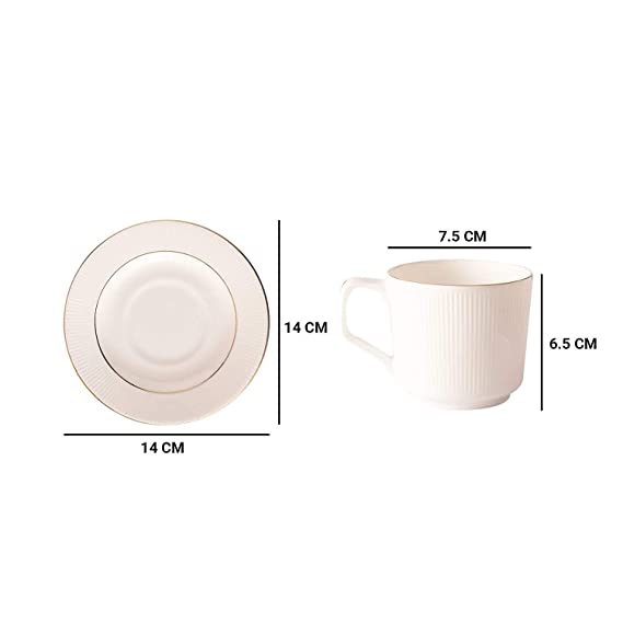 Tea Coffee Cups with Saucers Set of 12 for Kitchen and Dining Table Decor Lining Print White Bone China Microwave Safe (200 ML)