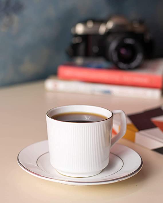 Tea Coffee Cups with Saucers Set of 12 for Kitchen and Dining Table Decor Lining Print White Bone China Microwave Safe (200 ML)