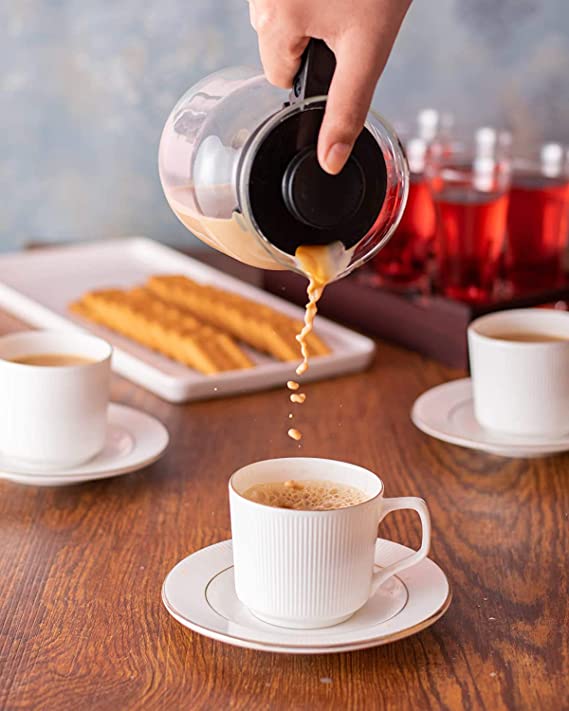 Tea Coffee Cups with Saucers Set of 12 for Kitchen and Dining Table Decor Lining Print White Bone China Microwave Safe (200 ML)