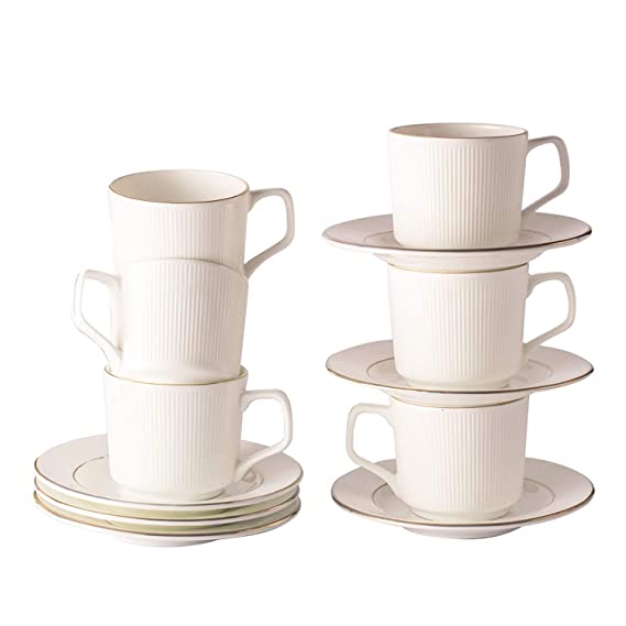 Tea Coffee Cups with Saucers Set of 12 for Kitchen and Dining Table Decor Lining Print White Bone China Microwave Safe (200 ML)