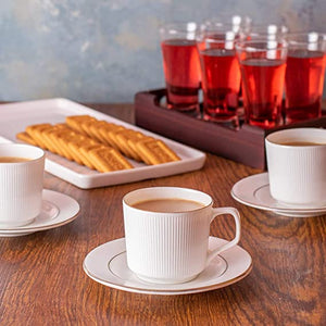 Tea Coffee Cups with Saucers Set of 12 for Kitchen and Dining Table Decor Lining Print White Bone China Microwave Safe (200 ML)