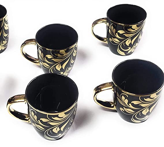 Bone China Gold Print Mug for Tea/Coffee Green Tea Espresso Hot Beverage Cup Set of 6 220 ML