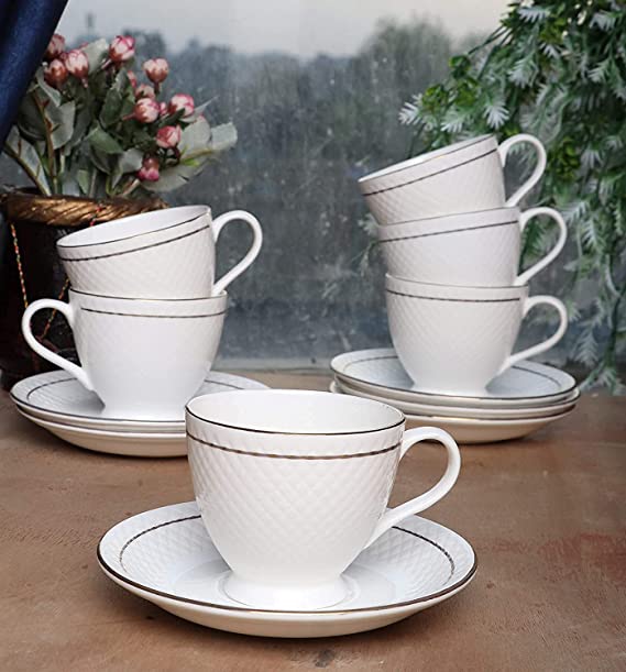 Tea / Coffee Cups with Saucers for Kitchen & Dining Table Decor Diamond Cut Pattern Bone China White (220 ML) Set of 12 (6 Cups & 6 Saucers)