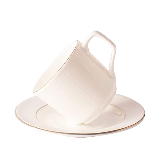 Tea Coffee Cups with Saucers Set of 12 for Kitchen and Dining Table Decor Lining Print White Bone China Microwave Safe (200 ML)