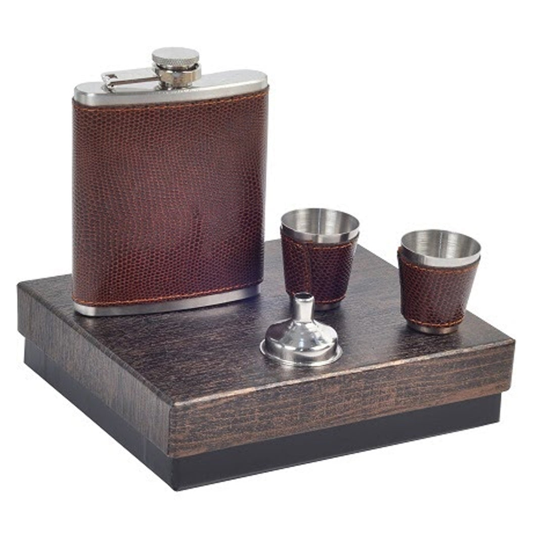 Leather Covered Bar Set of Hip Flask with 2 Shot Glasses and Filler