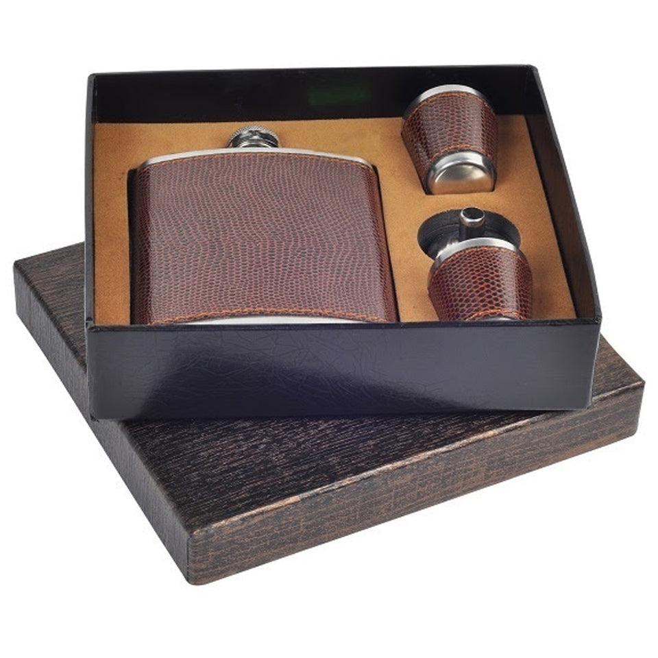 Leather Covered Bar Set of Hip Flask with 2 Shot Glasses and Filler