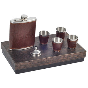 Leather Covered Hip Flask Set with Shot Glasses and Filler