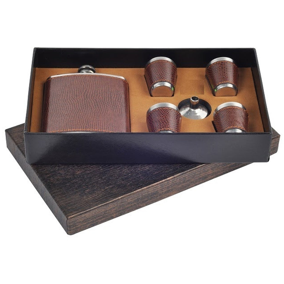 Leather Covered Hip Flask Set with Shot Glasses and Filler