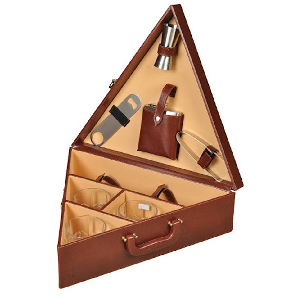 Triangle Leather Suitcase Portable Bar Set with 3 Whiskey Glasses