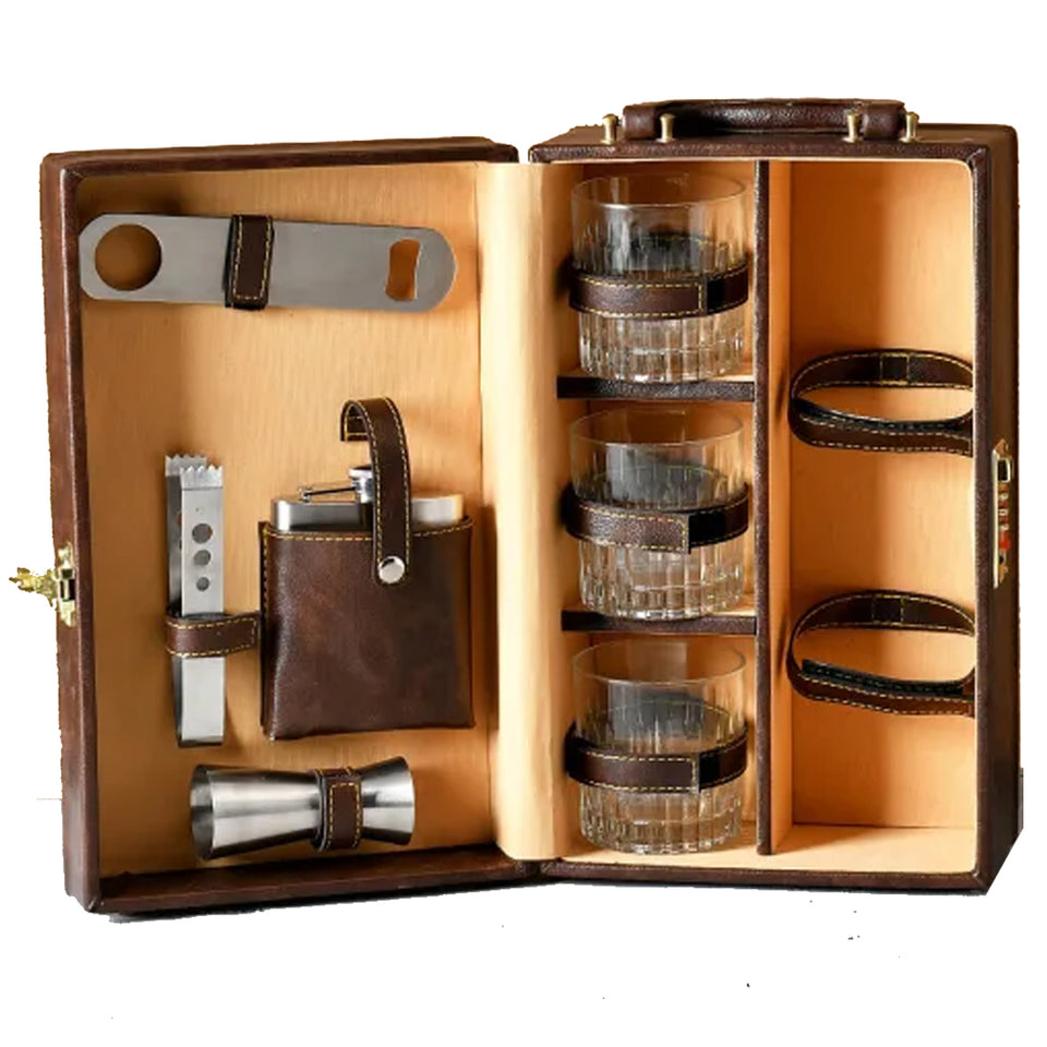 Leather Suitcase Premium Portable Bar Set of 4 Bar Tools with 3 Glasses