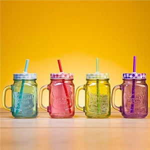 Transparent Glass Mason Jar with Colorful Lid and Reusable Straw, 500ml