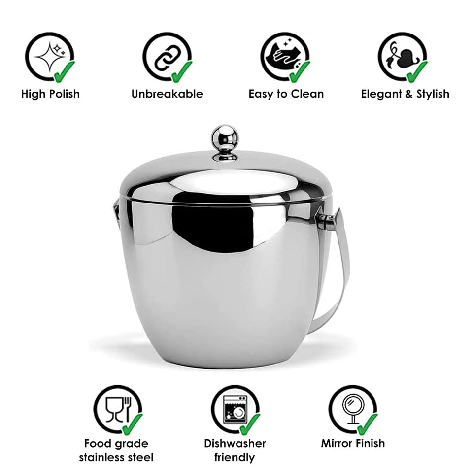 Mirror Finish Apple Shape Double Wall Stainless Steel Ice Bucket, 1600ml