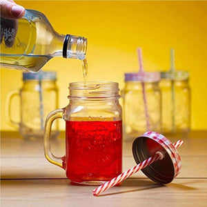 Transparent Glass Mason Jar with Colorful Lid and Reusable Straw, 500ml