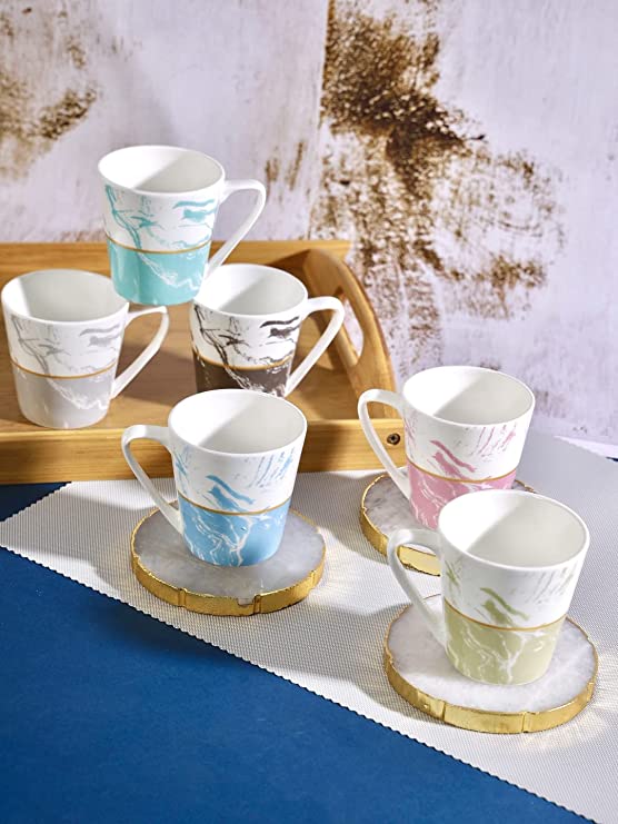 Saaikee Tea Coffee Cups for Kittchen & Dining Table Bone China Printed Multicolour Set of 6 (160 ML) (Colour May Vary)